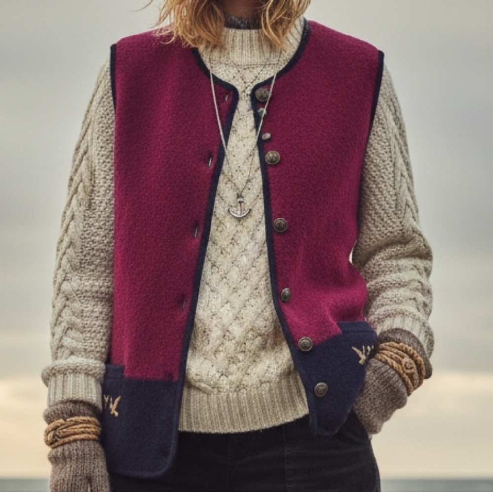 Orly Burgundy and Navy Wool Vest Size L Fisherman Coastal Granma